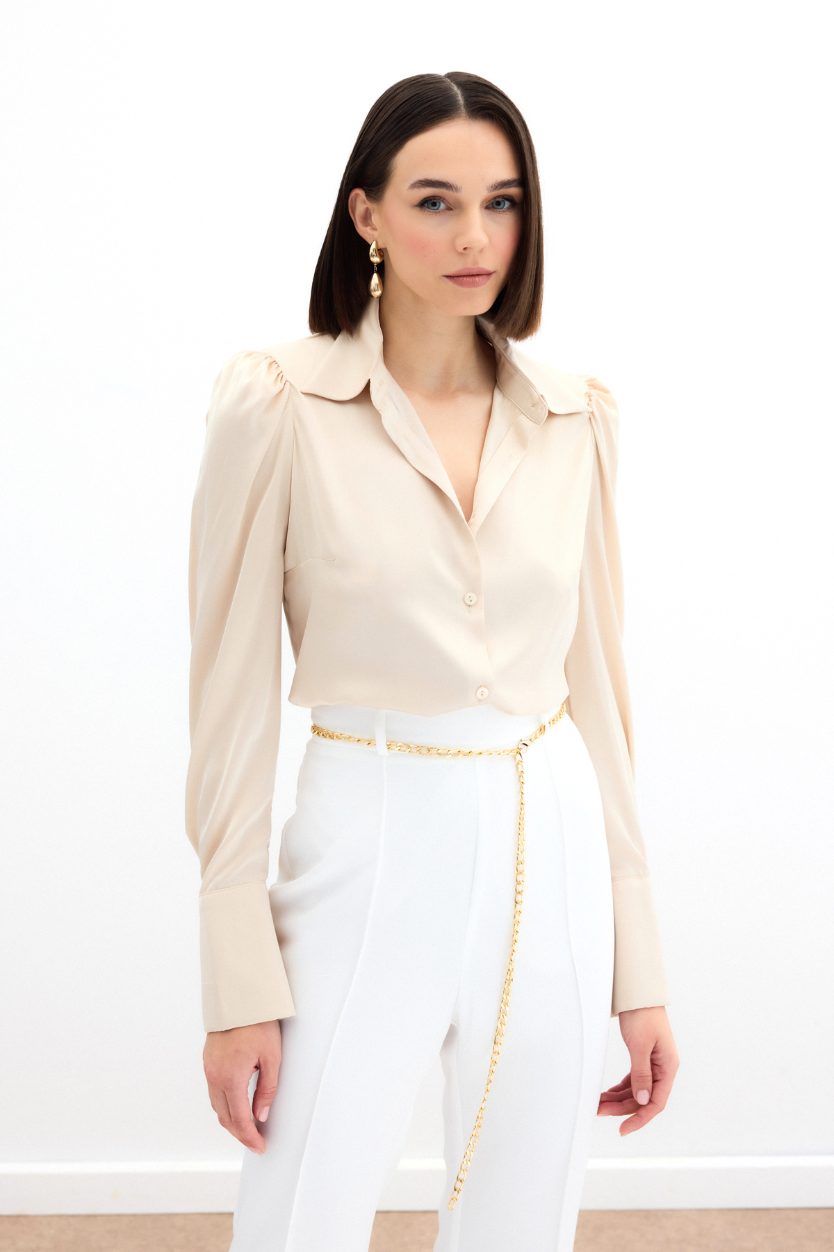 Vatkalı Saten Gömlek - Bej