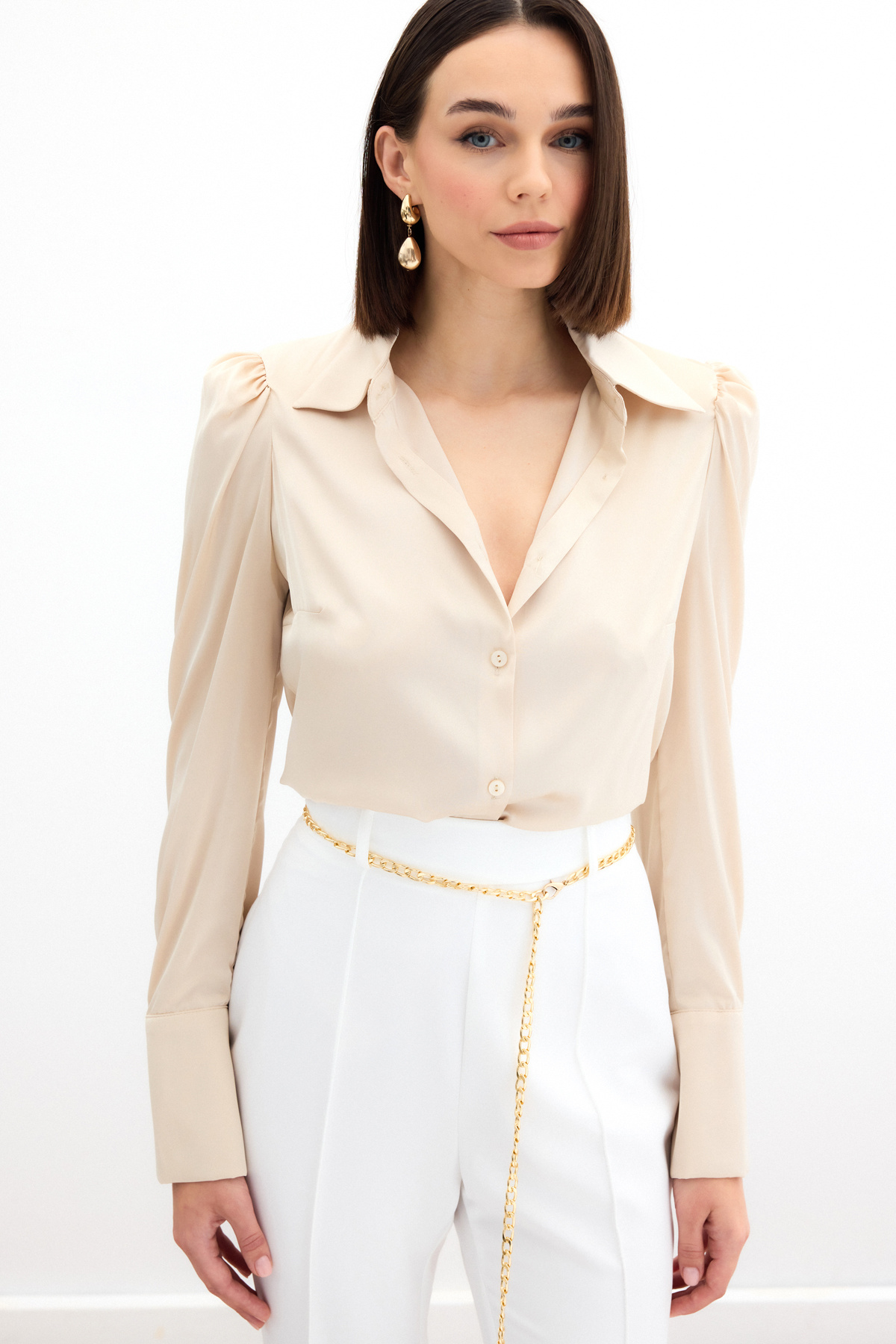 Vatkalı Saten Gömlek - Bej