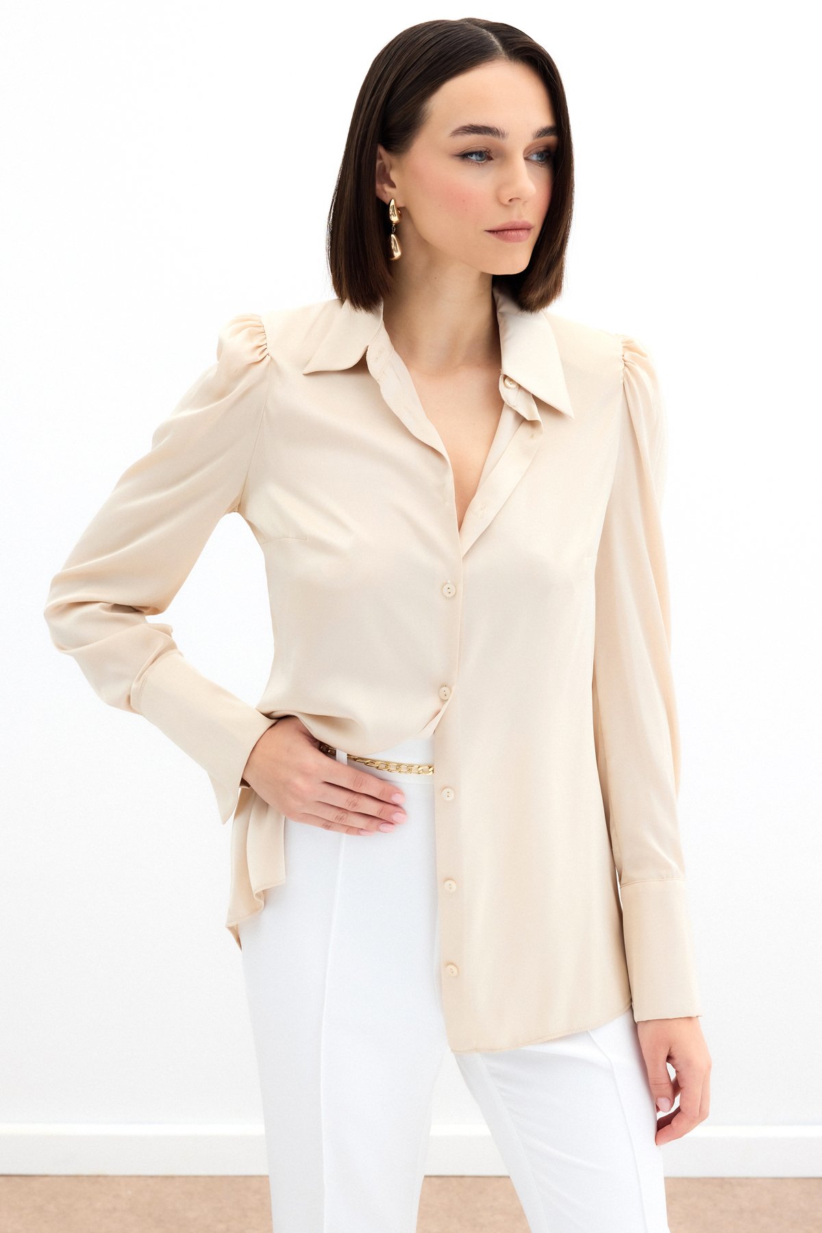 Vatkalı Saten Gömlek - Bej