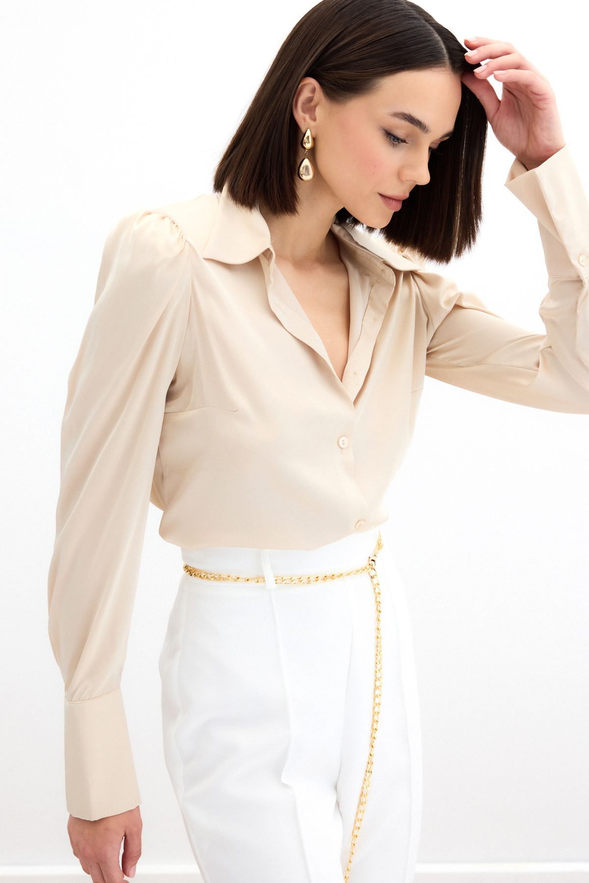 Vatkalı Saten Gömlek - Bej