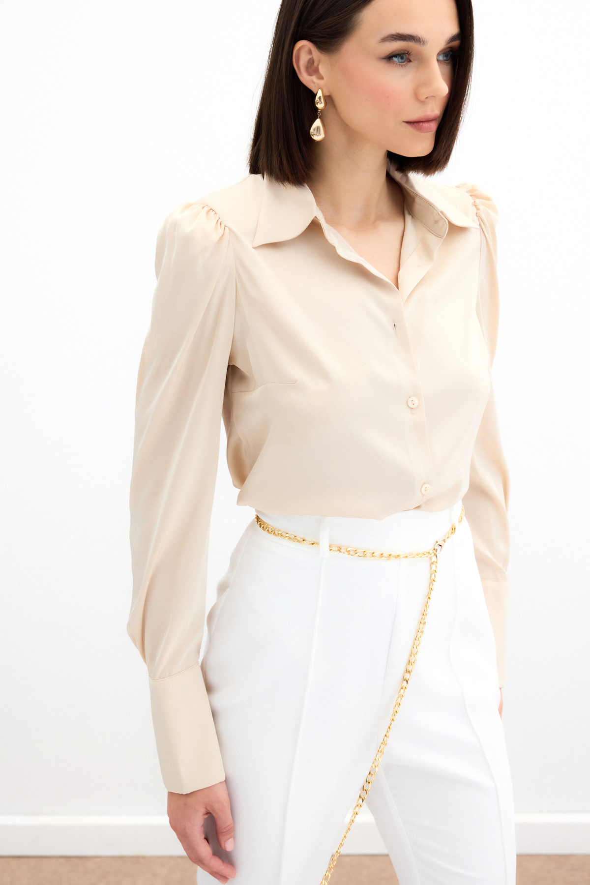 Vatkalı Saten Gömlek - Bej