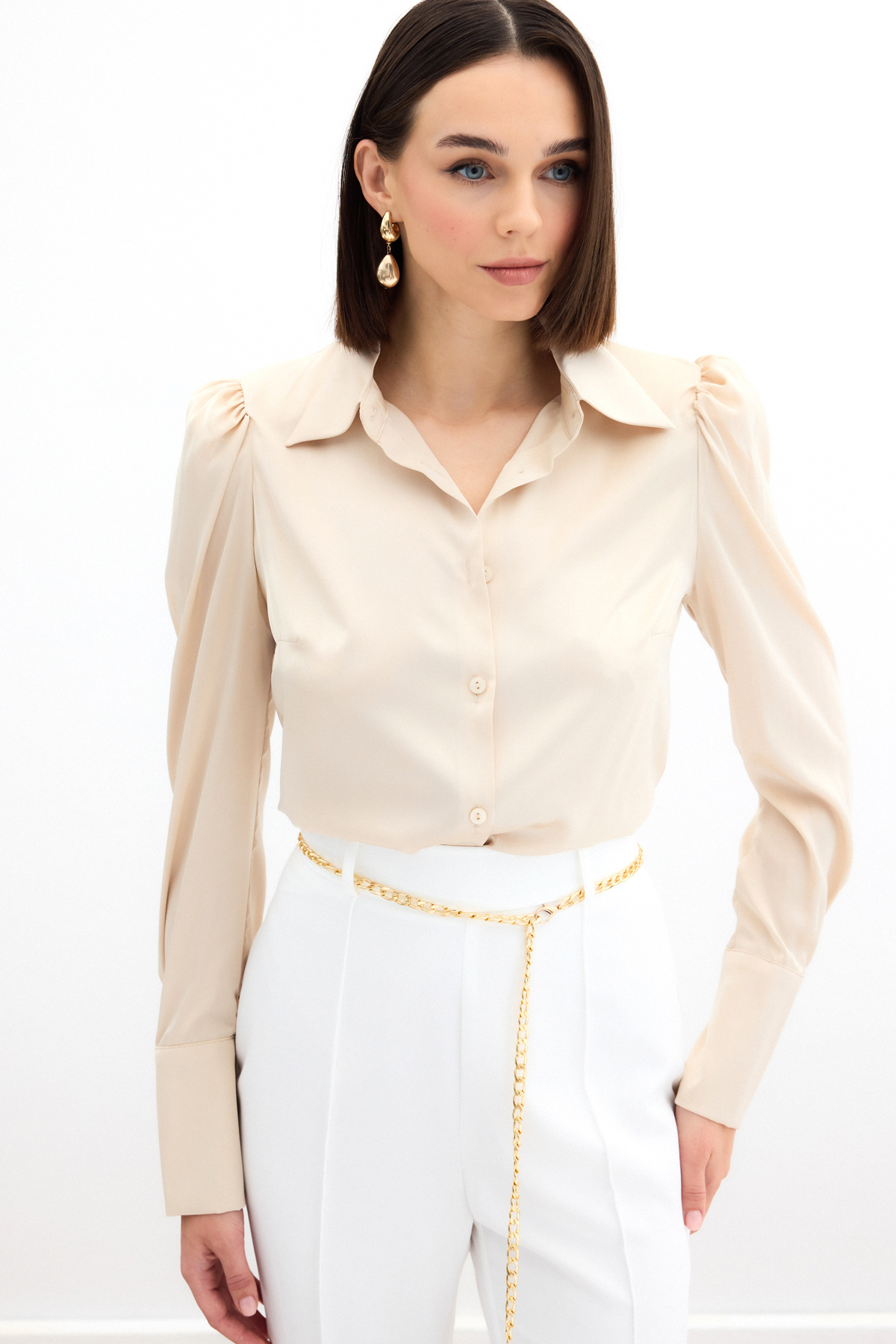 Vatkalı Saten Gömlek - Bej