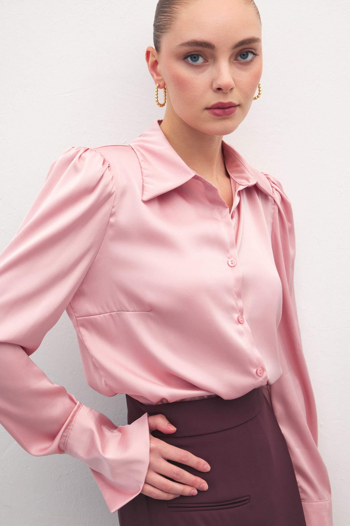 Vatkalı Saten Gömlek - Pembe