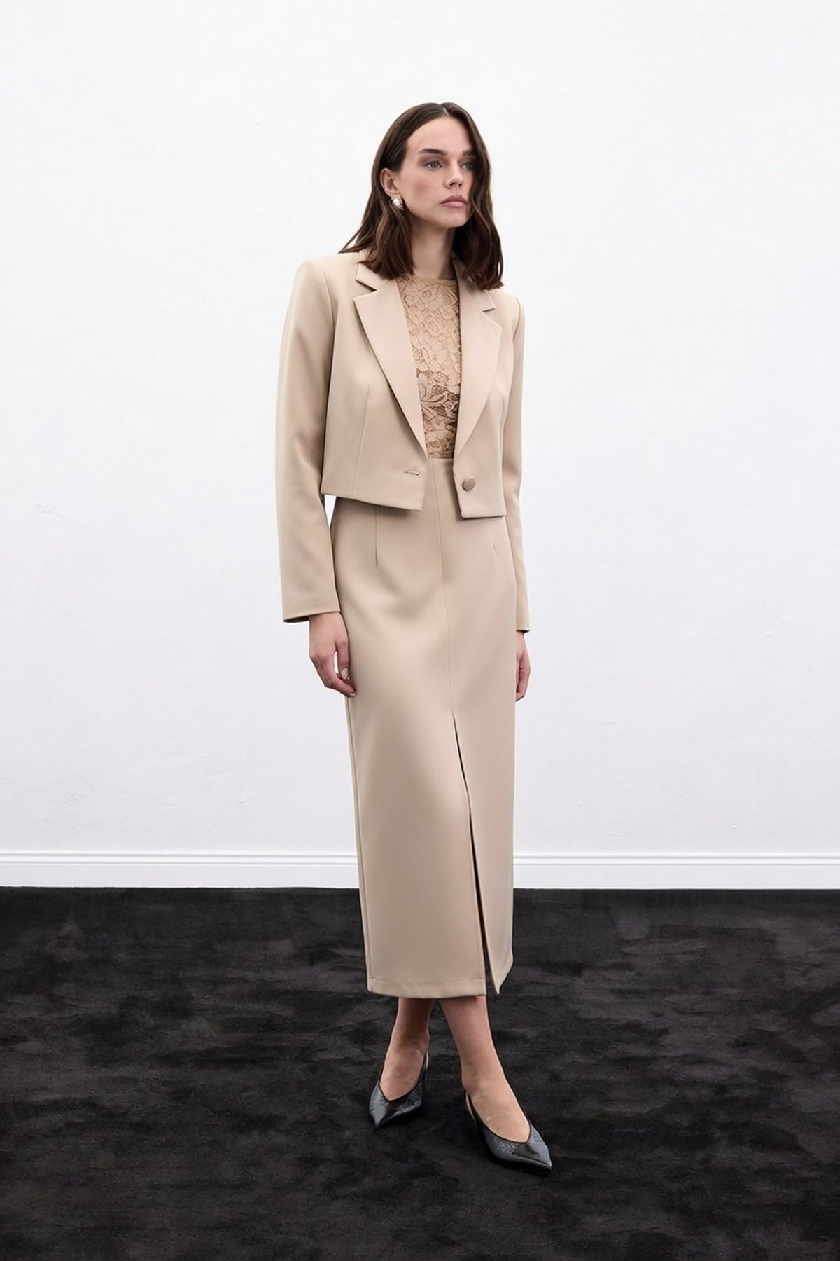 Yırtmaçlı Midi  Etek - Bej