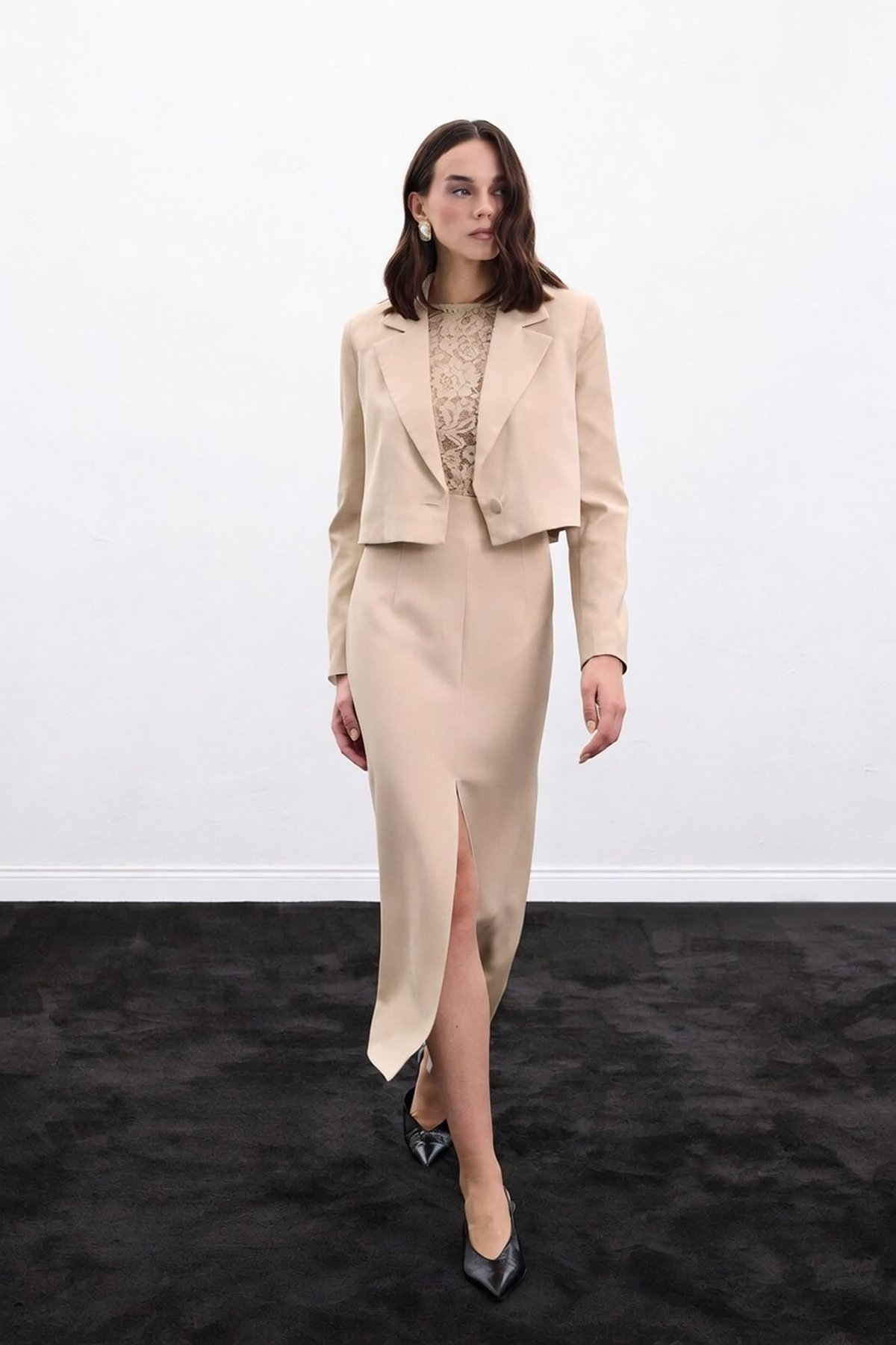 Yırtmaçlı Midi  Etek - Bej