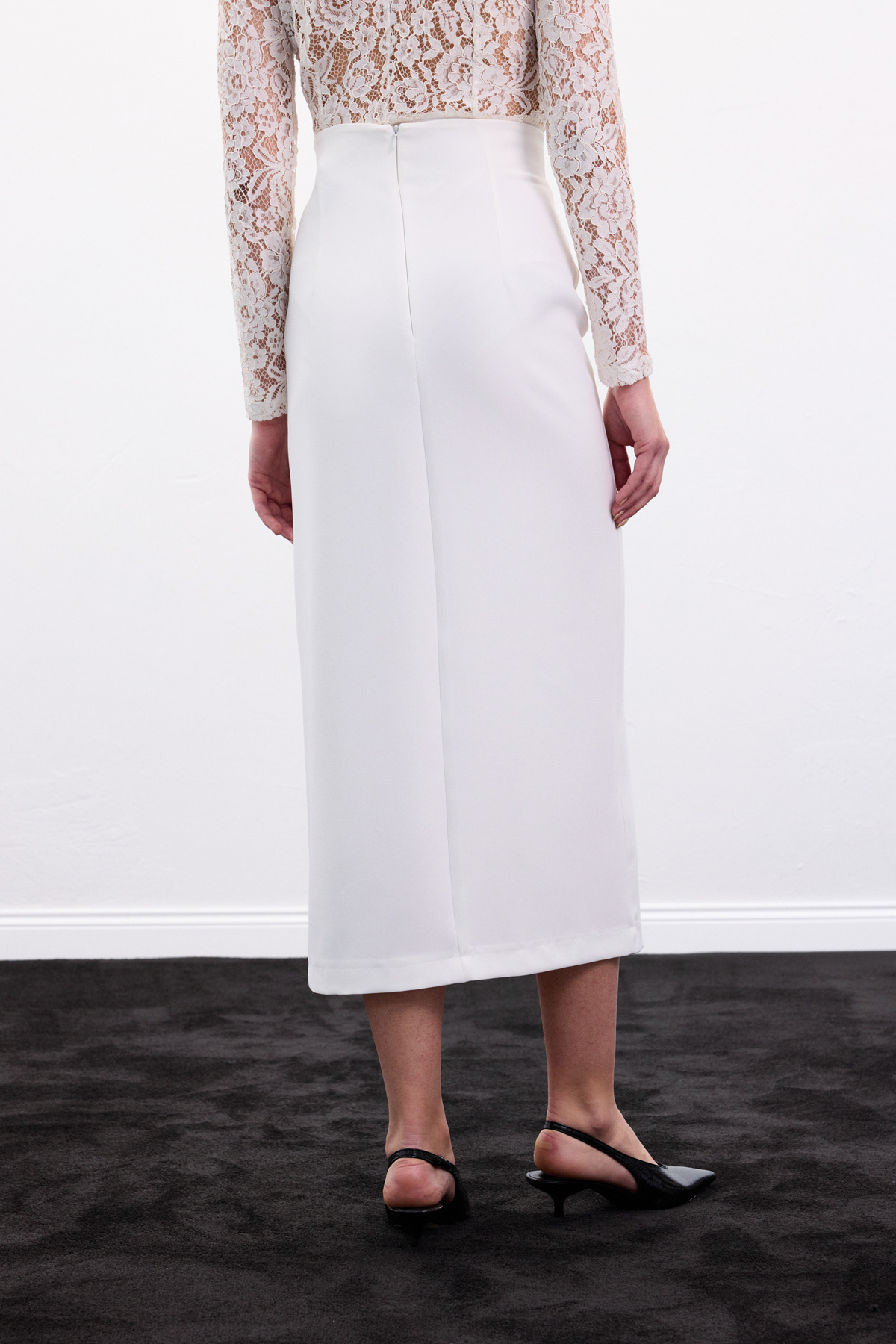 Yırtmaçlı Midi  Etek - Ekru