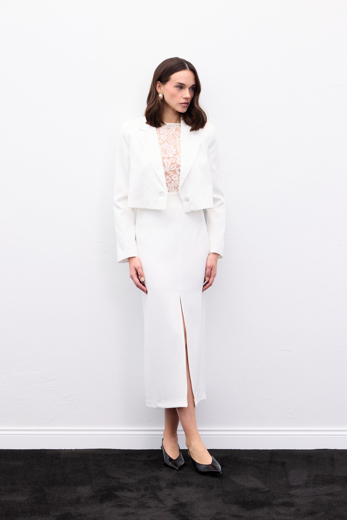 Yırtmaçlı Midi  Etek - Ekru