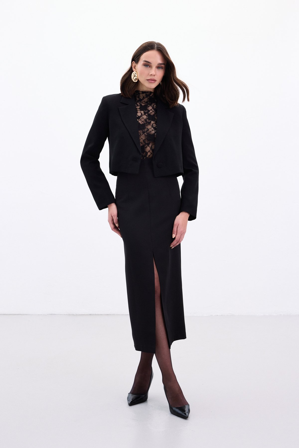 Yırtmaçlı Midi  Etek - Siyah