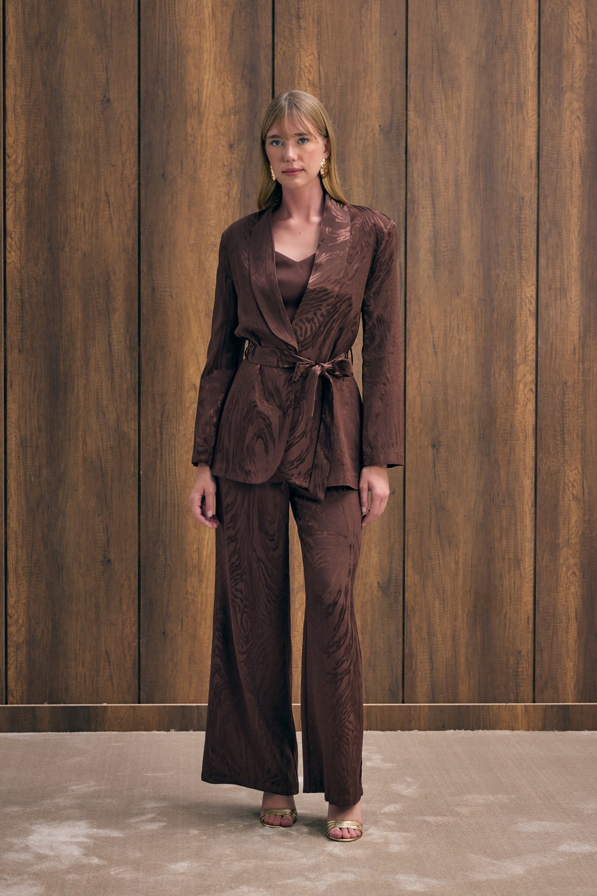 Yüksek Bel Desenli Pantolon - Kahve