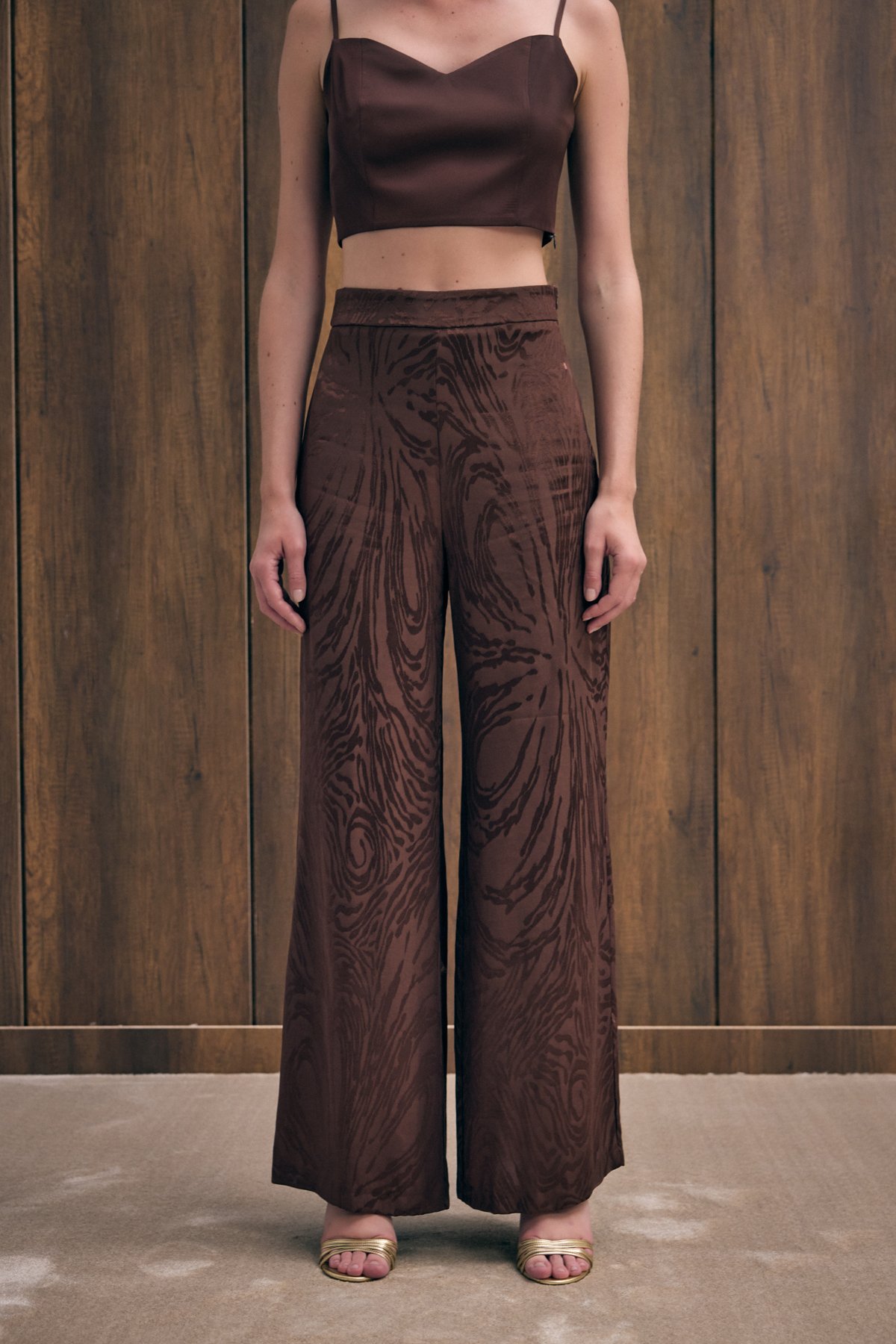 Yüksek Bel Desenli Pantolon - Kahve