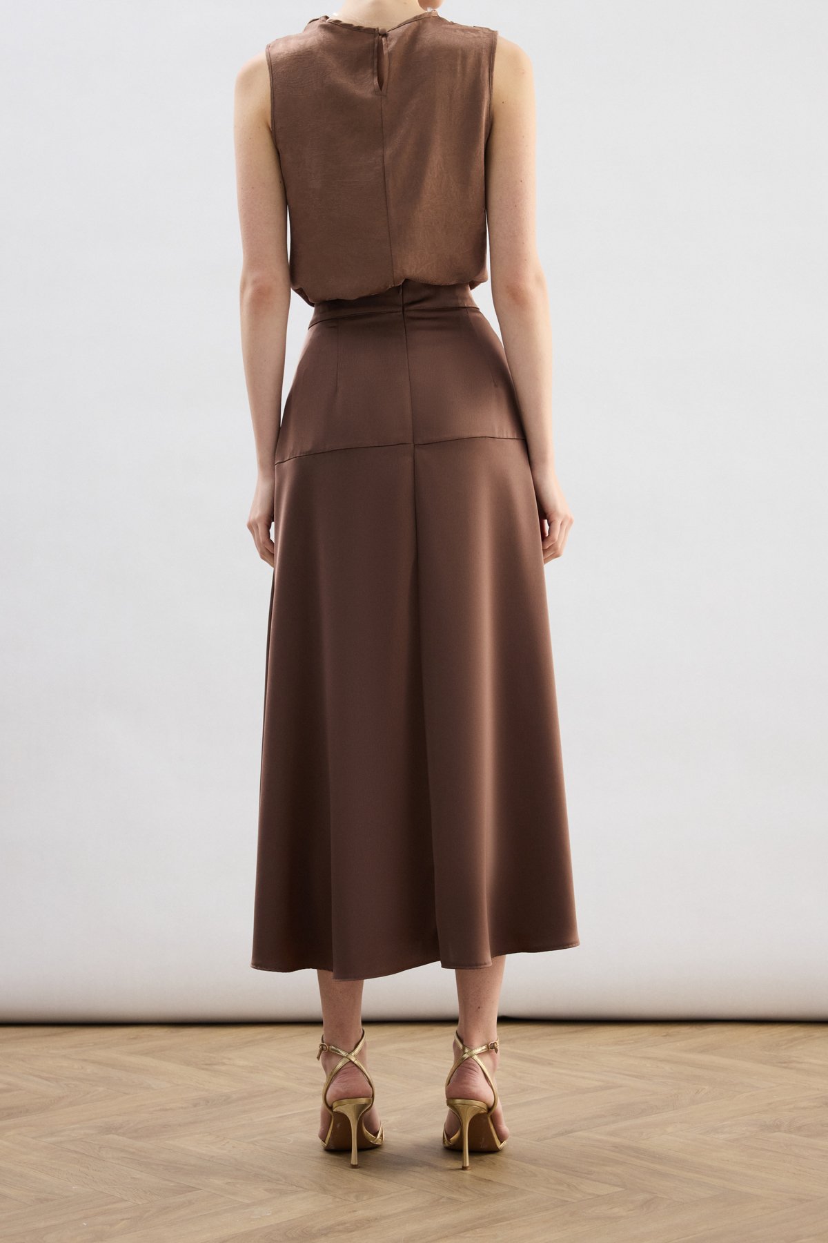 Yüksek Bel Saten Etek - Kahve