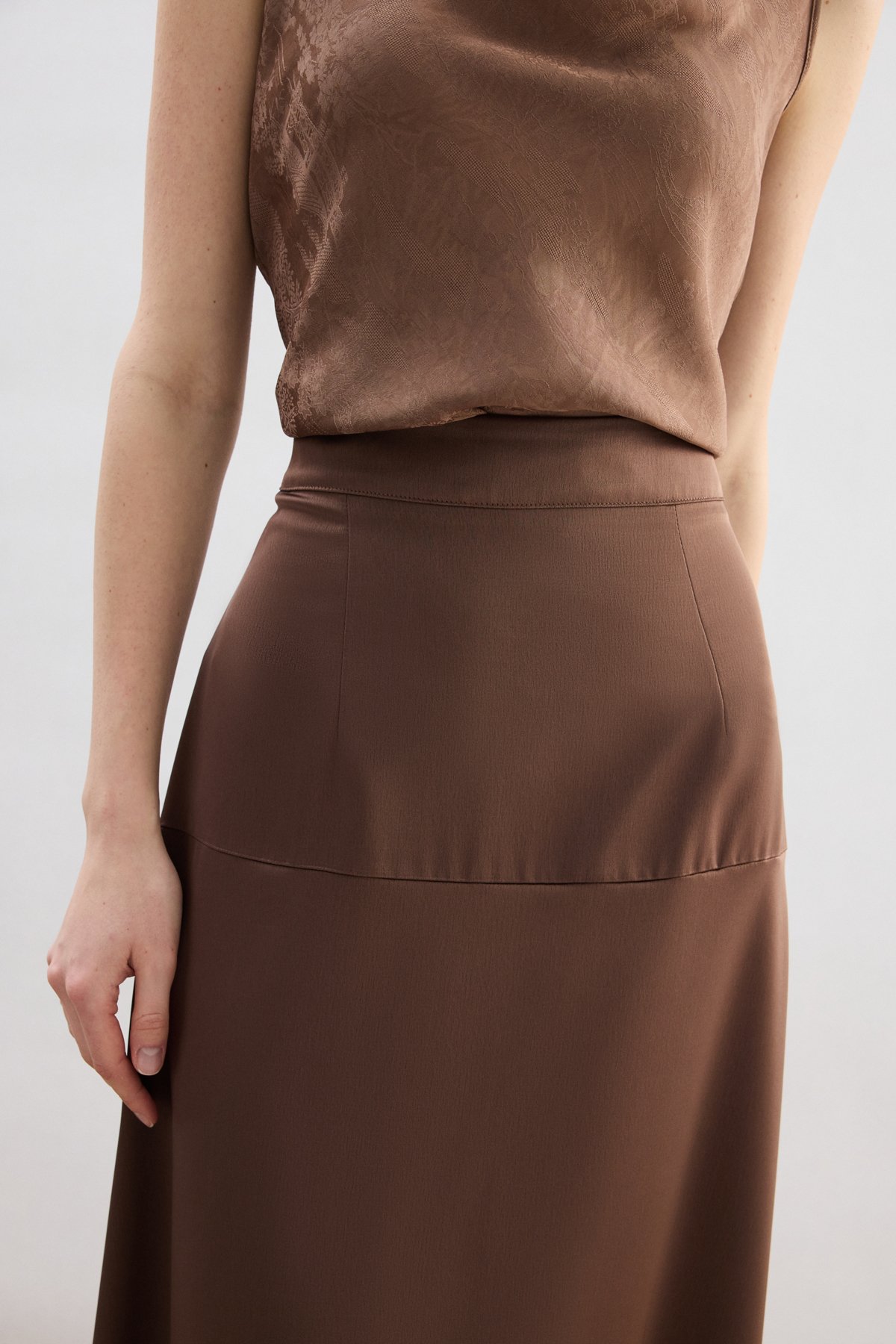 Yüksek Bel Saten Etek - Kahve