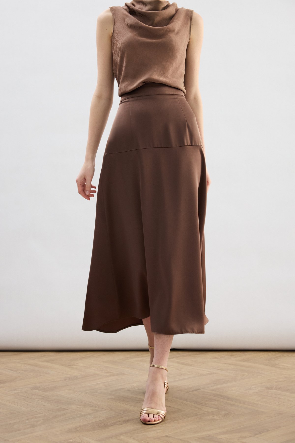 Yüksek Bel Saten Etek - Kahve
