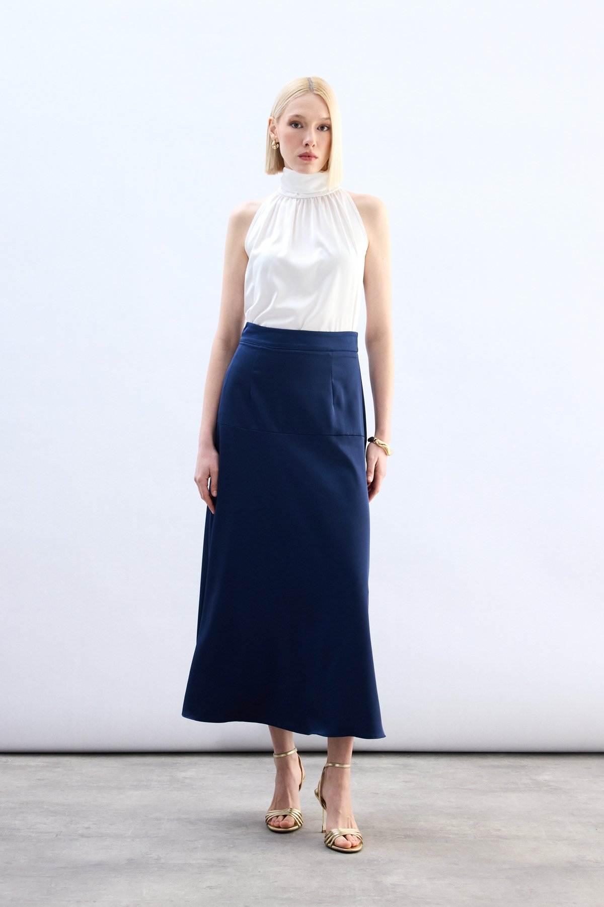 Yüksek Bel Saten Etek - Lacivert