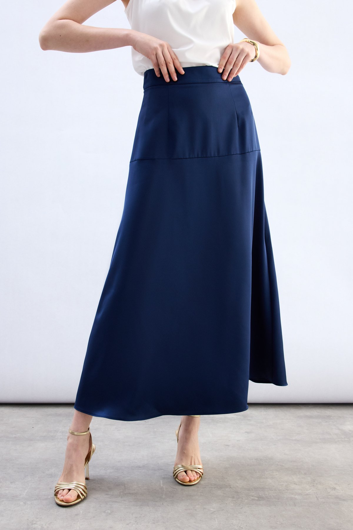 Yüksek Bel Saten Etek - Lacivert