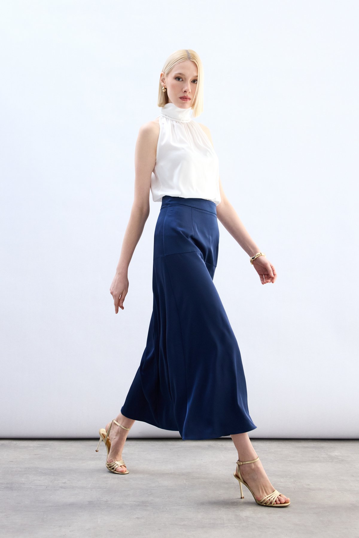 Yüksek Bel Saten Etek - Lacivert