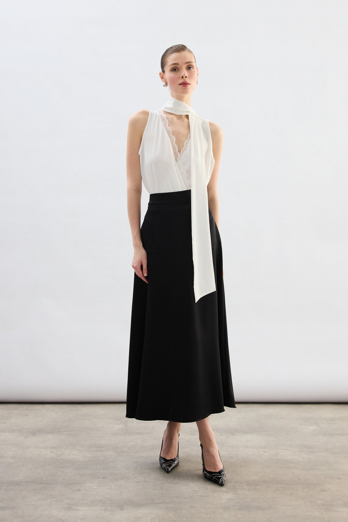 Yüksek Bel Saten Etek - Siyah