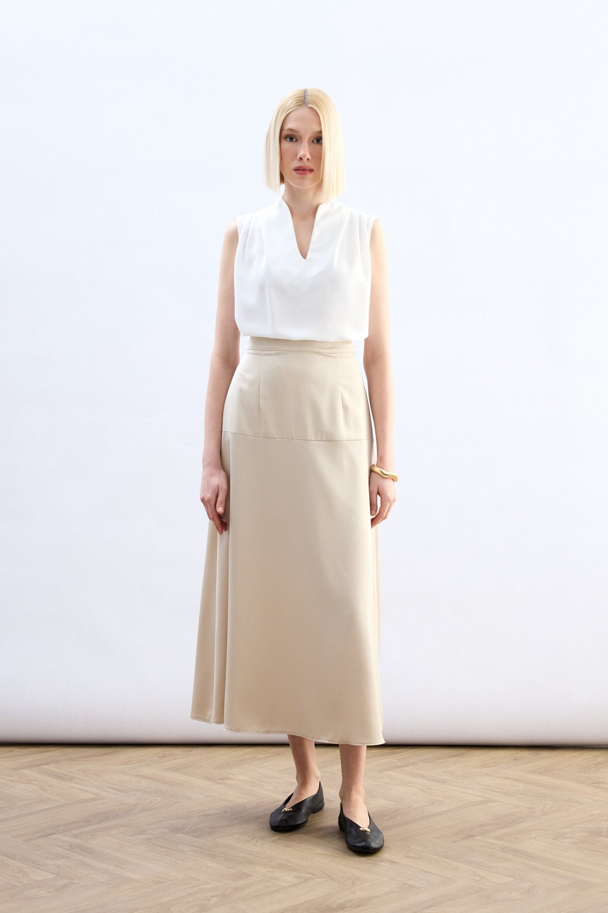 Yüksek Bel Saten Etek - Taş