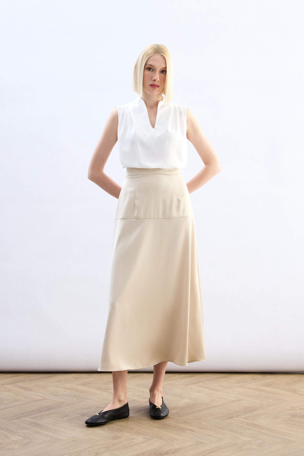 Yüksek Bel Saten Etek - Taş