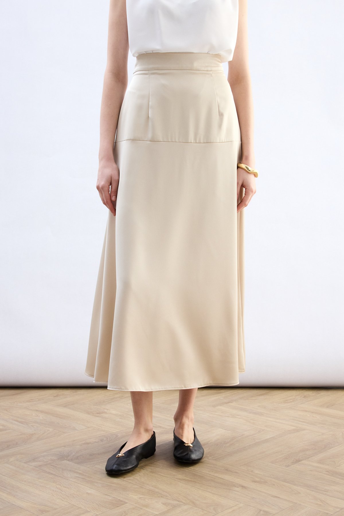 Yüksek Bel Saten Etek - Taş