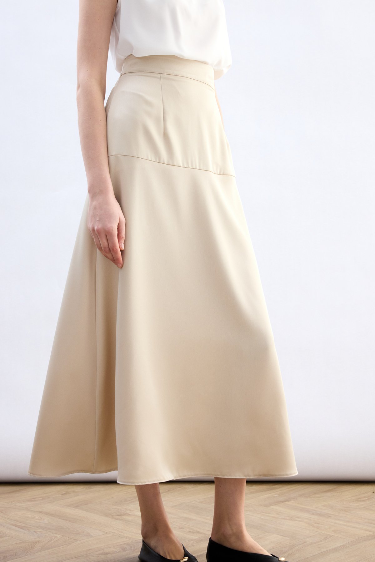 Yüksek Bel Saten Etek - Taş