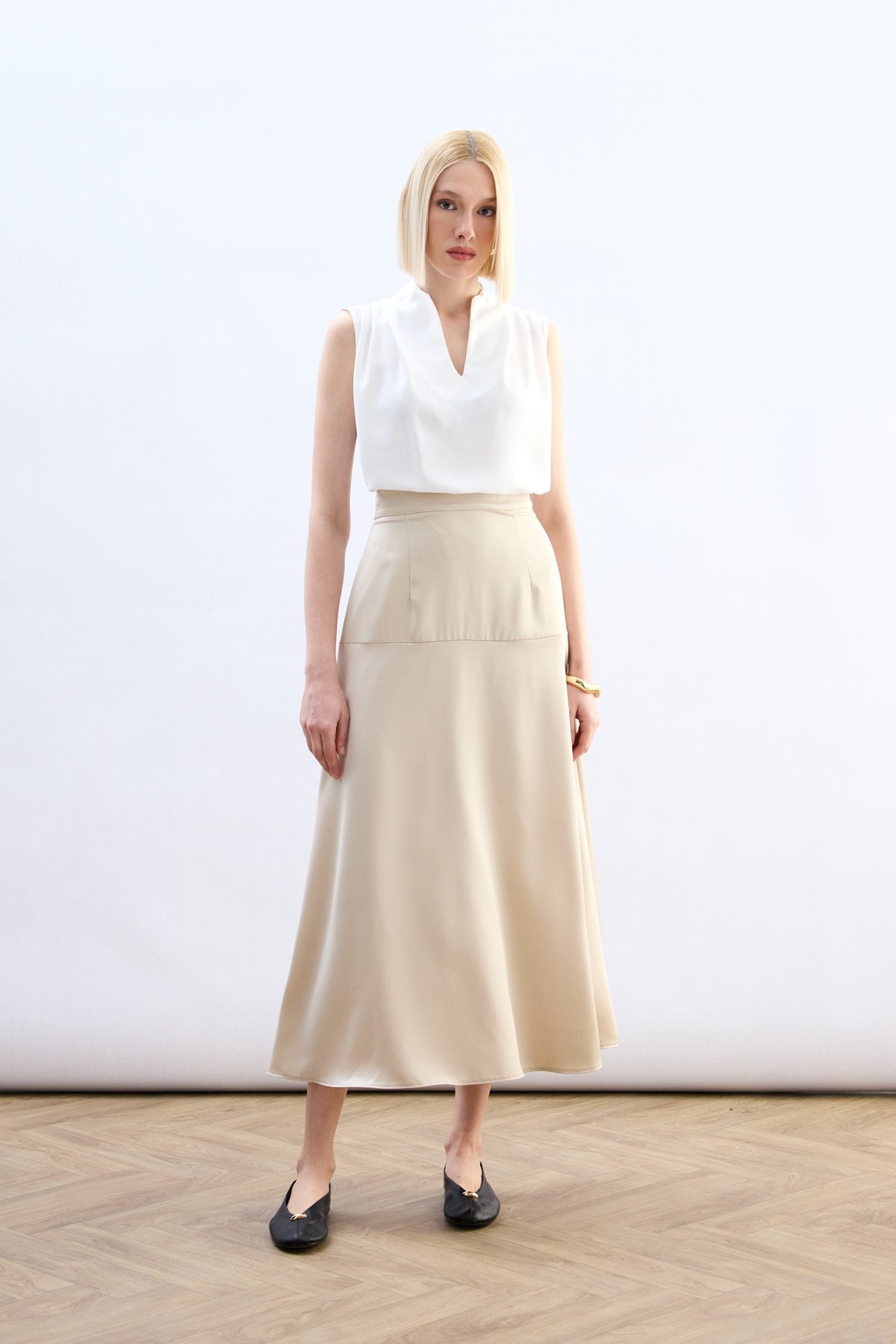 Yüksek Bel Saten Etek - Taş