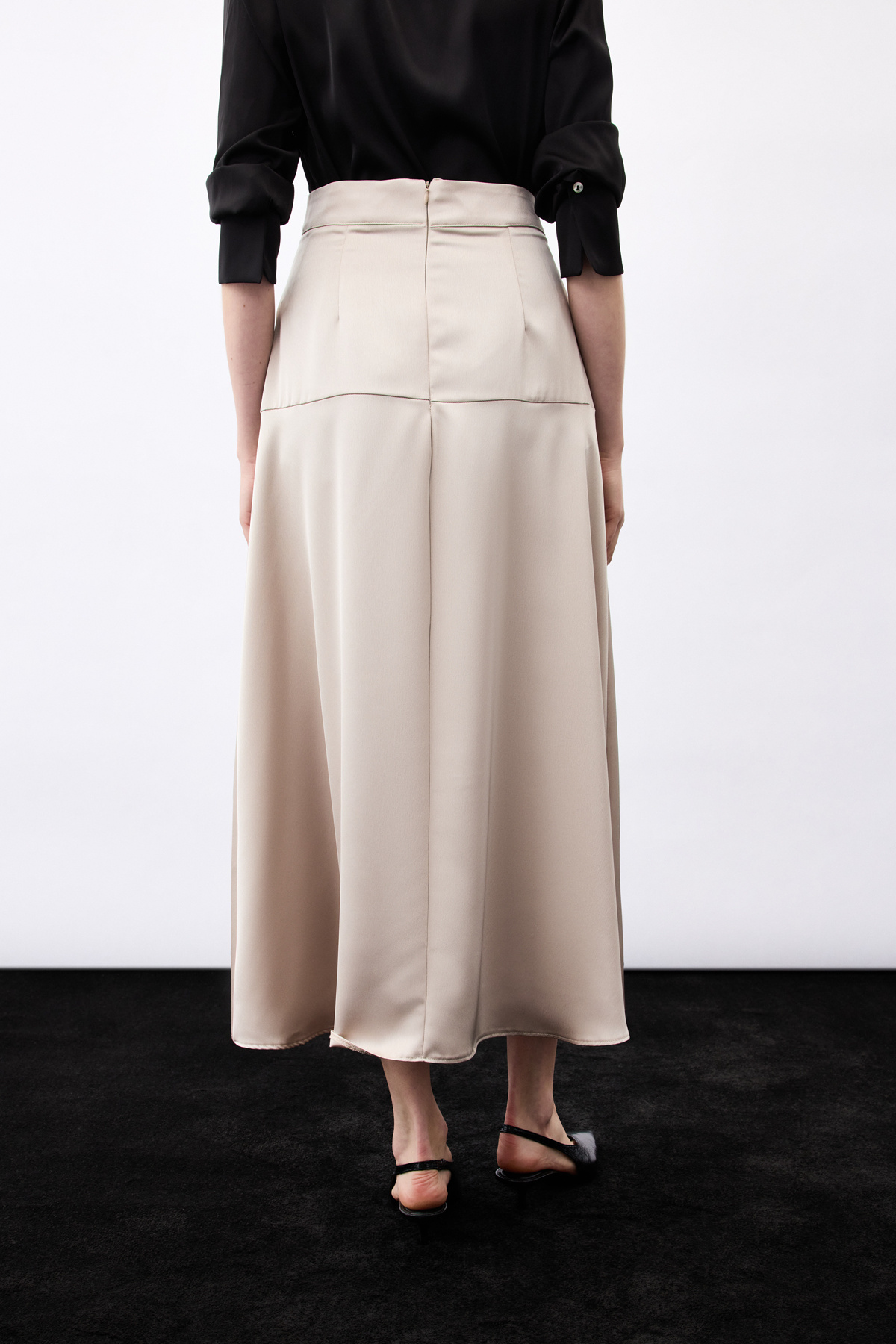 Yüksek Bel Saten Etek - Vizon