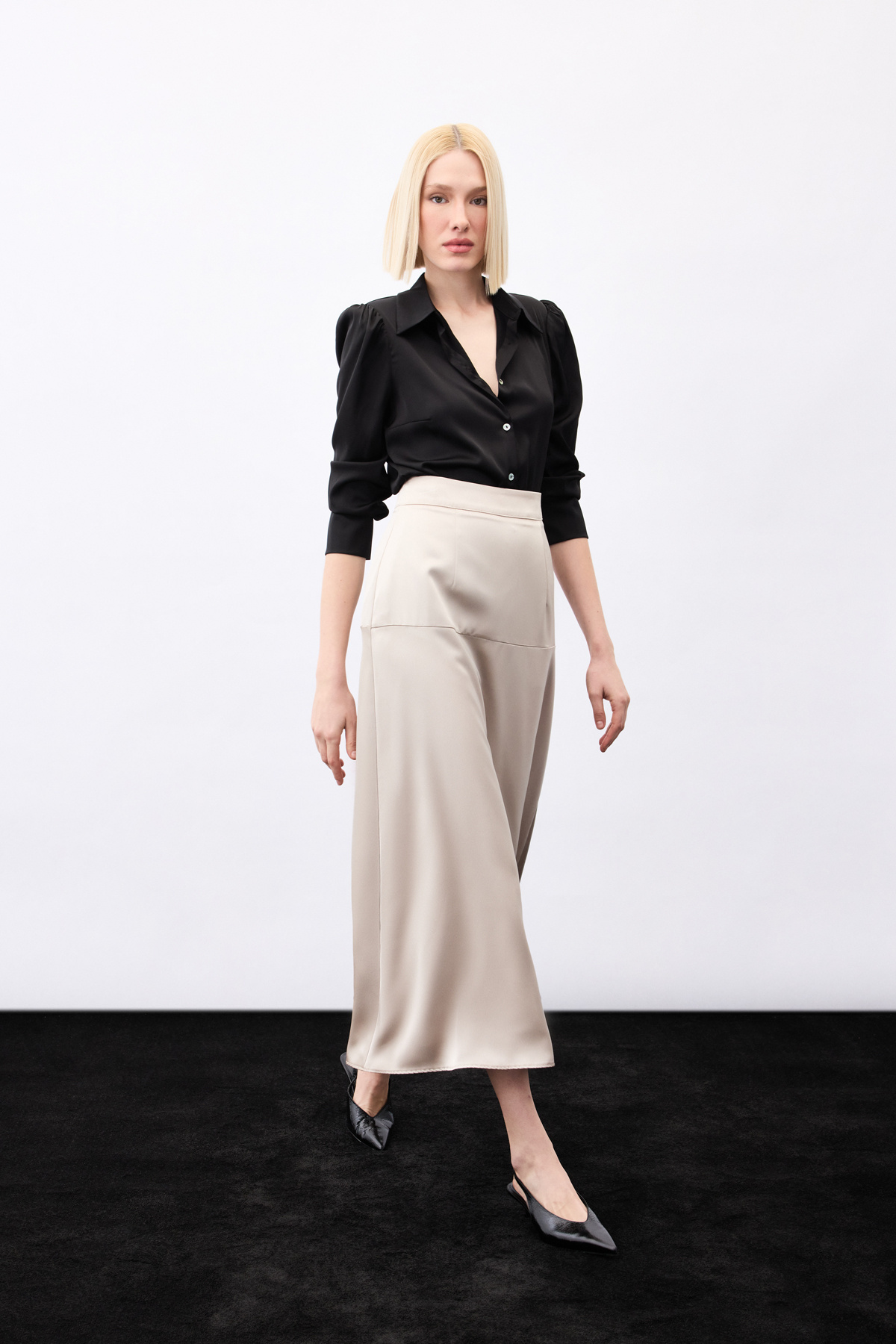 Yüksek Bel Saten Etek - Vizon