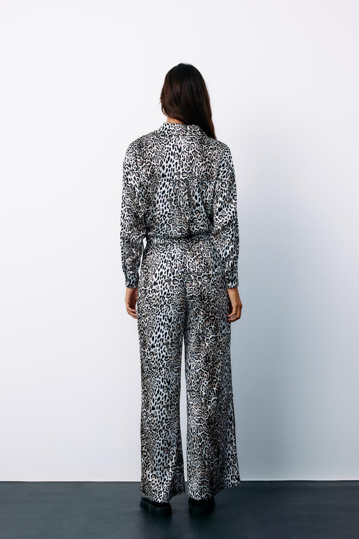 Yüksek Bel Saten leopar Pantolon - EKRU