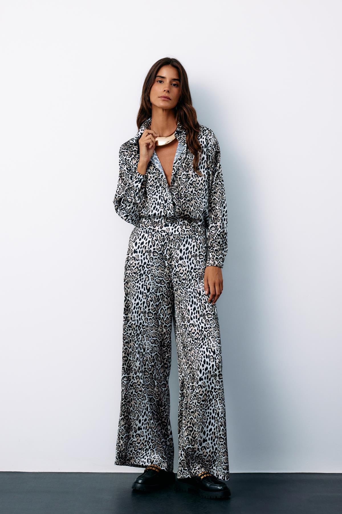 Yüksek Bel Saten leopar Pantolon - EKRU