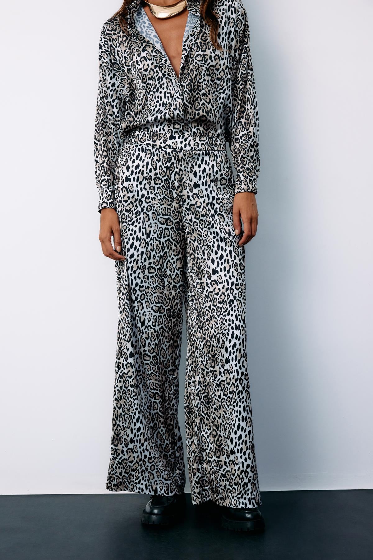 Yüksek Bel Saten leopar Pantolon - EKRU