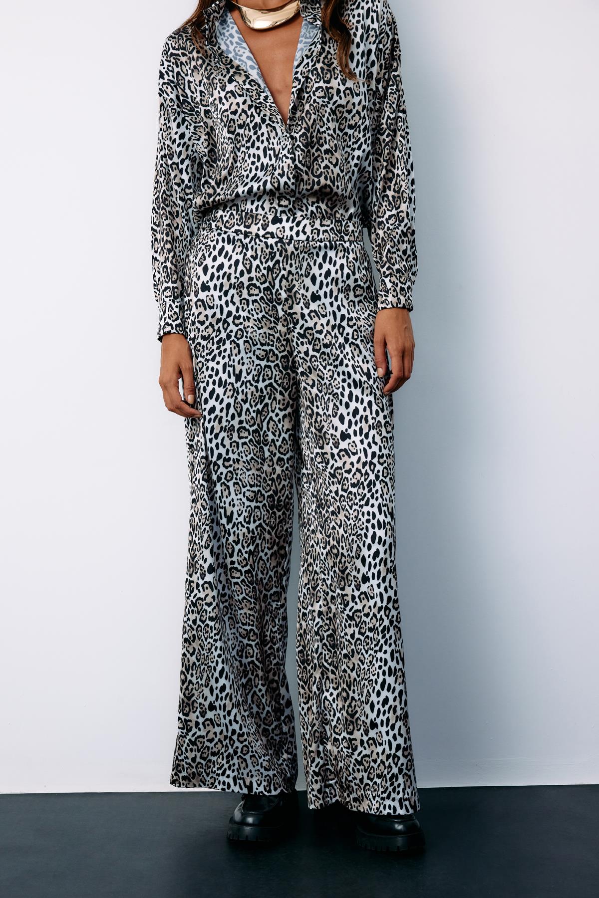 Yüksek Bel Saten leopar Pantolon - EKRU