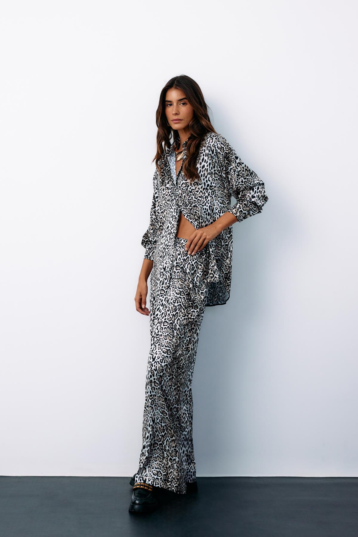 Yüksek Bel Saten leopar Pantolon - EKRU