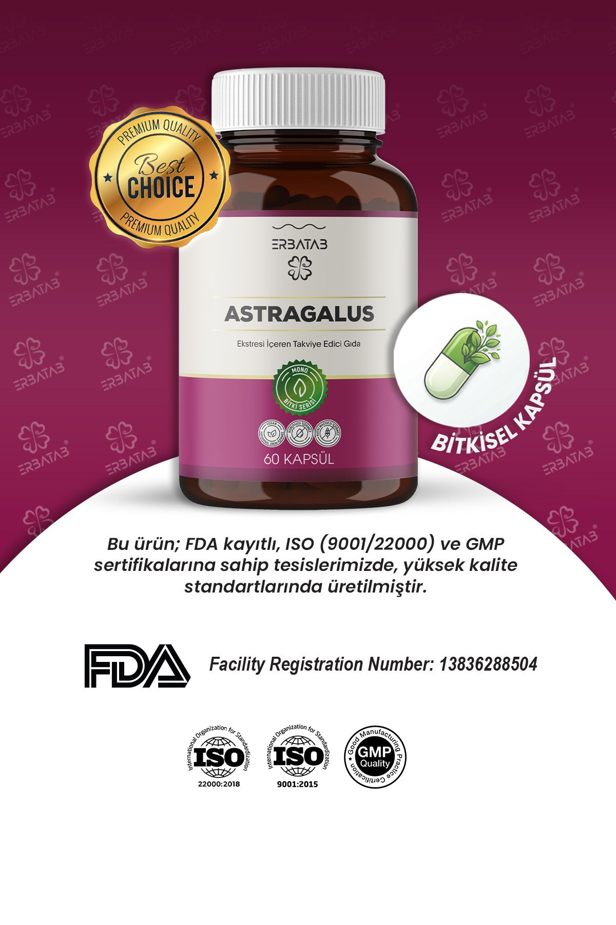 Erbatab Astragalus Çin Geveni Ekstresi 60 Kapsül 