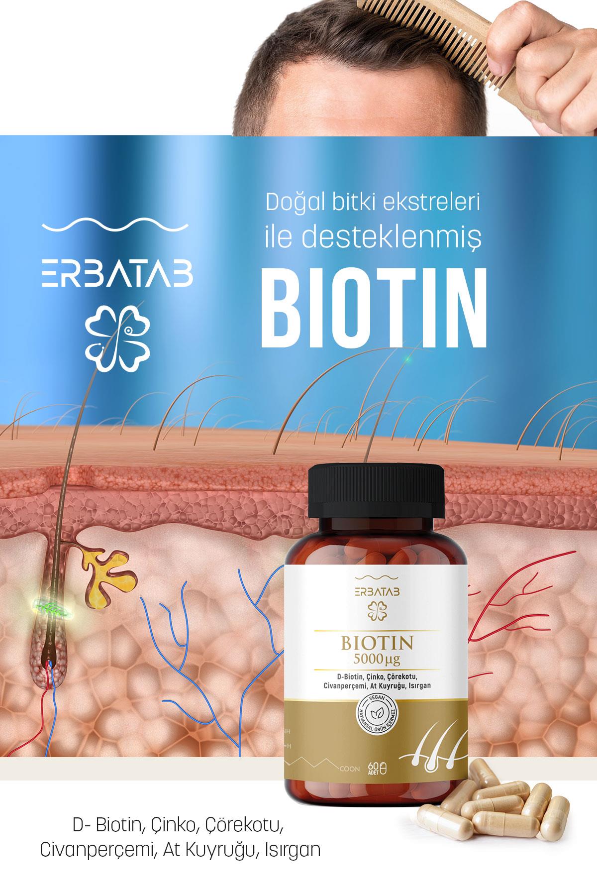 Erbatab Biotin (Çinko Çörekotu Civan Perçemi At Kuyruğu Isırgan Ekstresi) 60 Kapsül