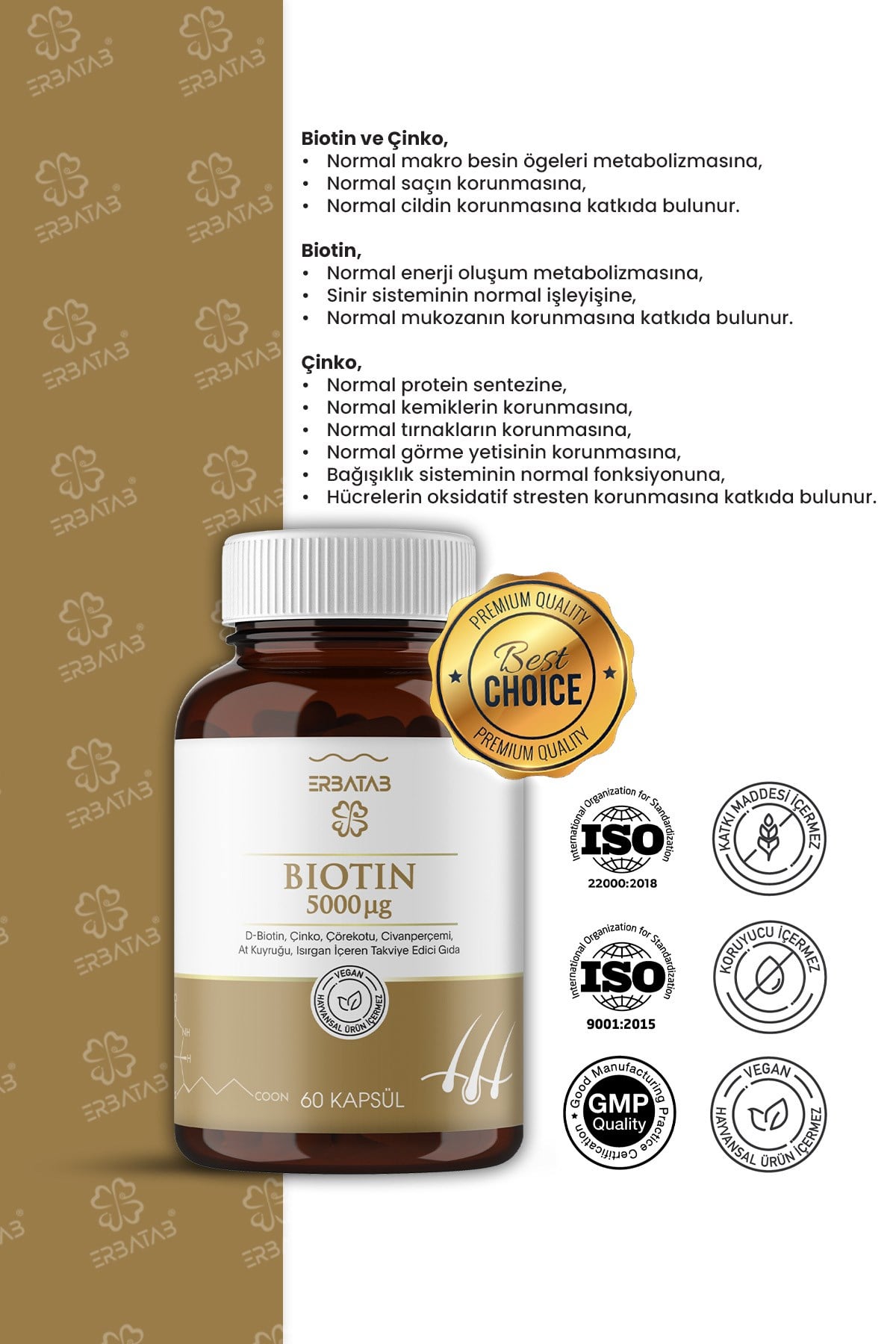 Erbatab Biotin (Çinko Çörekotu Civan Perçemi At Ku yruğu Isırgan Ekstresi) 60 Kapsül