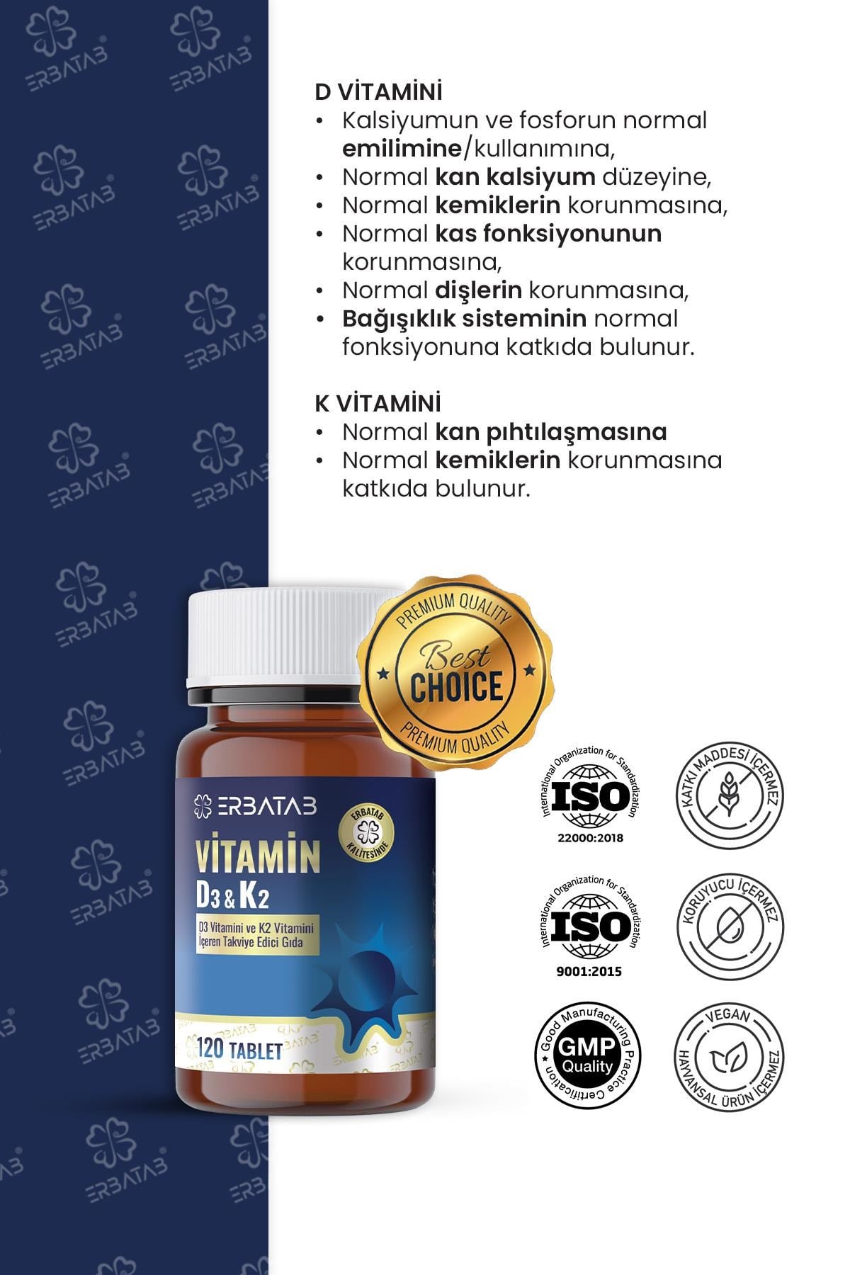 Erbatab D3 Vitamini ve K2 Vitamini İçeren Takviye Edici Gıda