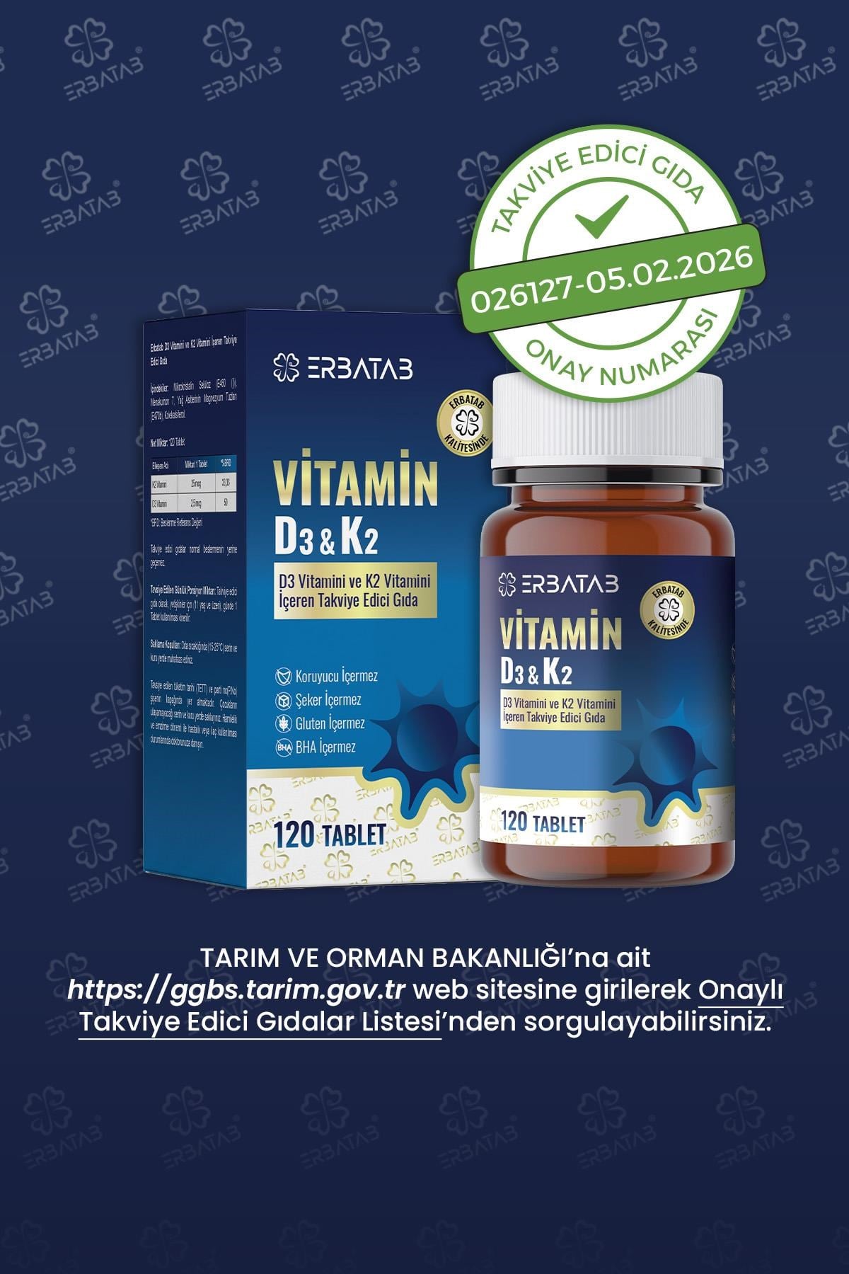 Erbatab D3 Vitamini ve K2 Vitamini İçeren Takviye Edici Gıda