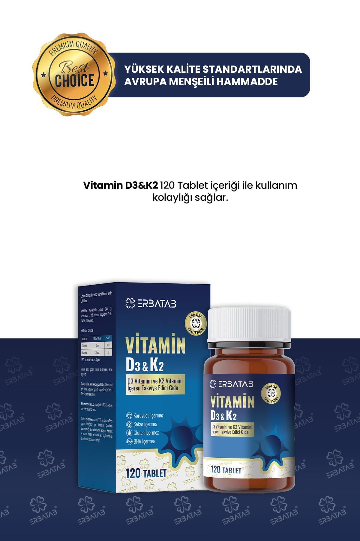 Erbatab D3 Vitamini ve K2 Vitamini İçeren Takviye Edici Gıda