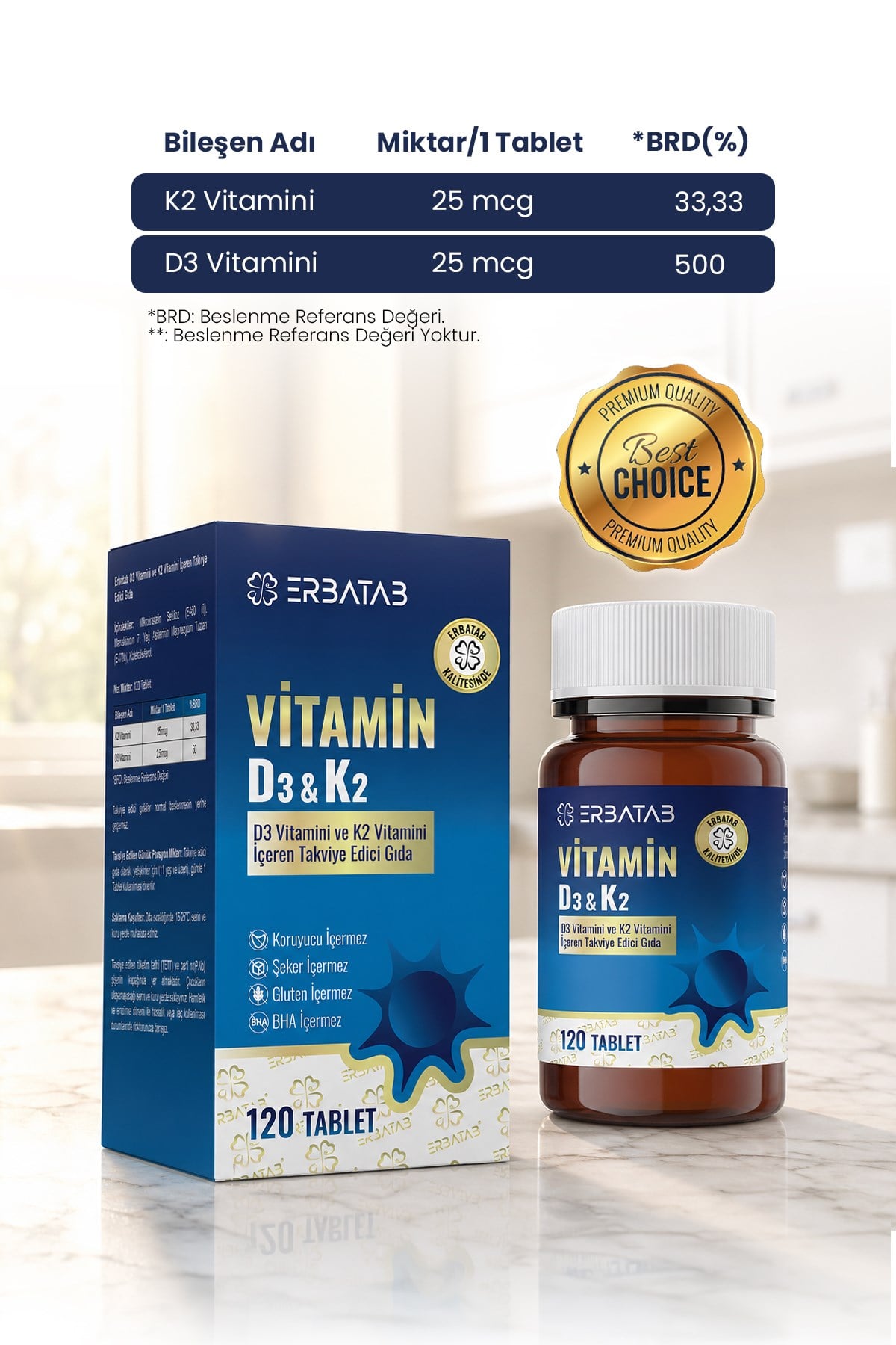 Erbatab D3K2 120 Tablet 1000 IU D3 ve 25 Mcg K2 İçeren Takviye Edici Gıda