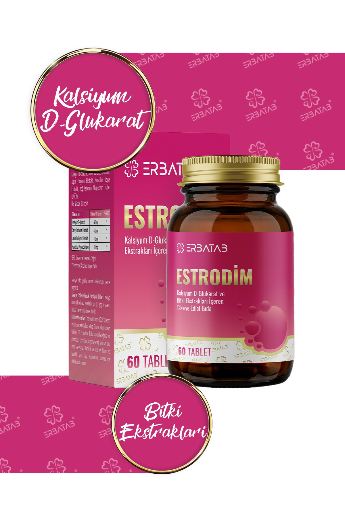 Erbatab Estrodim | 100 mg DIM | Kalsiyum D-Glukarat | Savoy Lahanası | Japon Poligonu | 60 Tablet