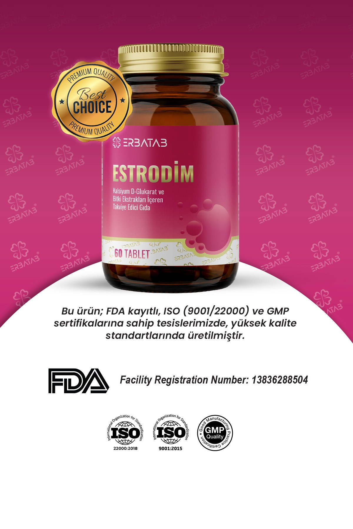 Erbatab Estrodim | 100 mg DIM | Kalsiyum D-Glukarat | Savoy Lahanası | Japon Poligonu | 60 Tablet