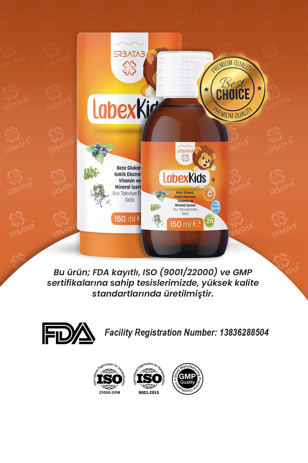 Erbatab Labex Kids Çinko Kekik Beta Glukan Karamür ver Çocuk Multivitamin Şurup 150 ML