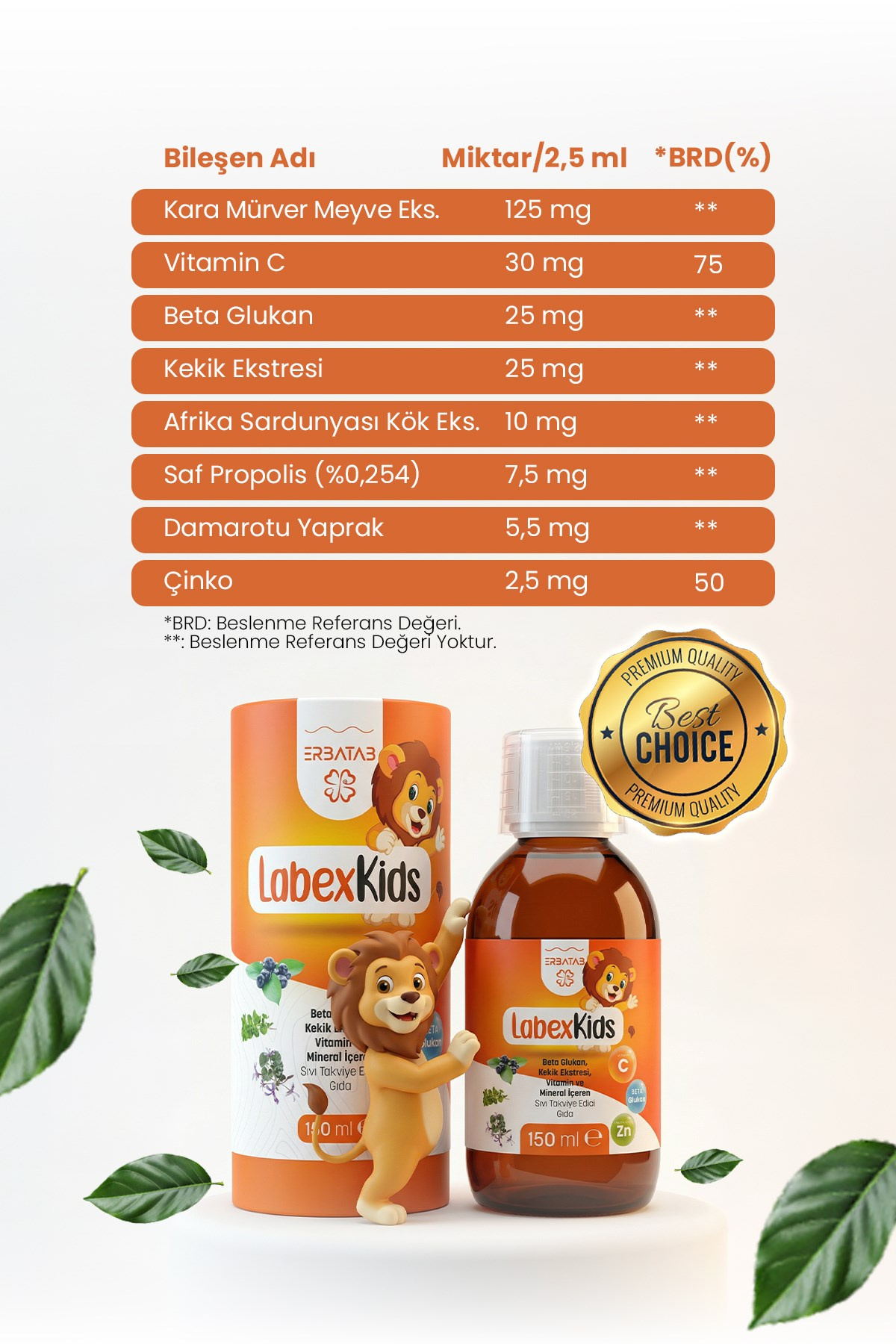 Erbatab Labex Kids Çinko Kekik Beta Glukan Karamür ver Çocuk Multivitamin Şurup 150 ML