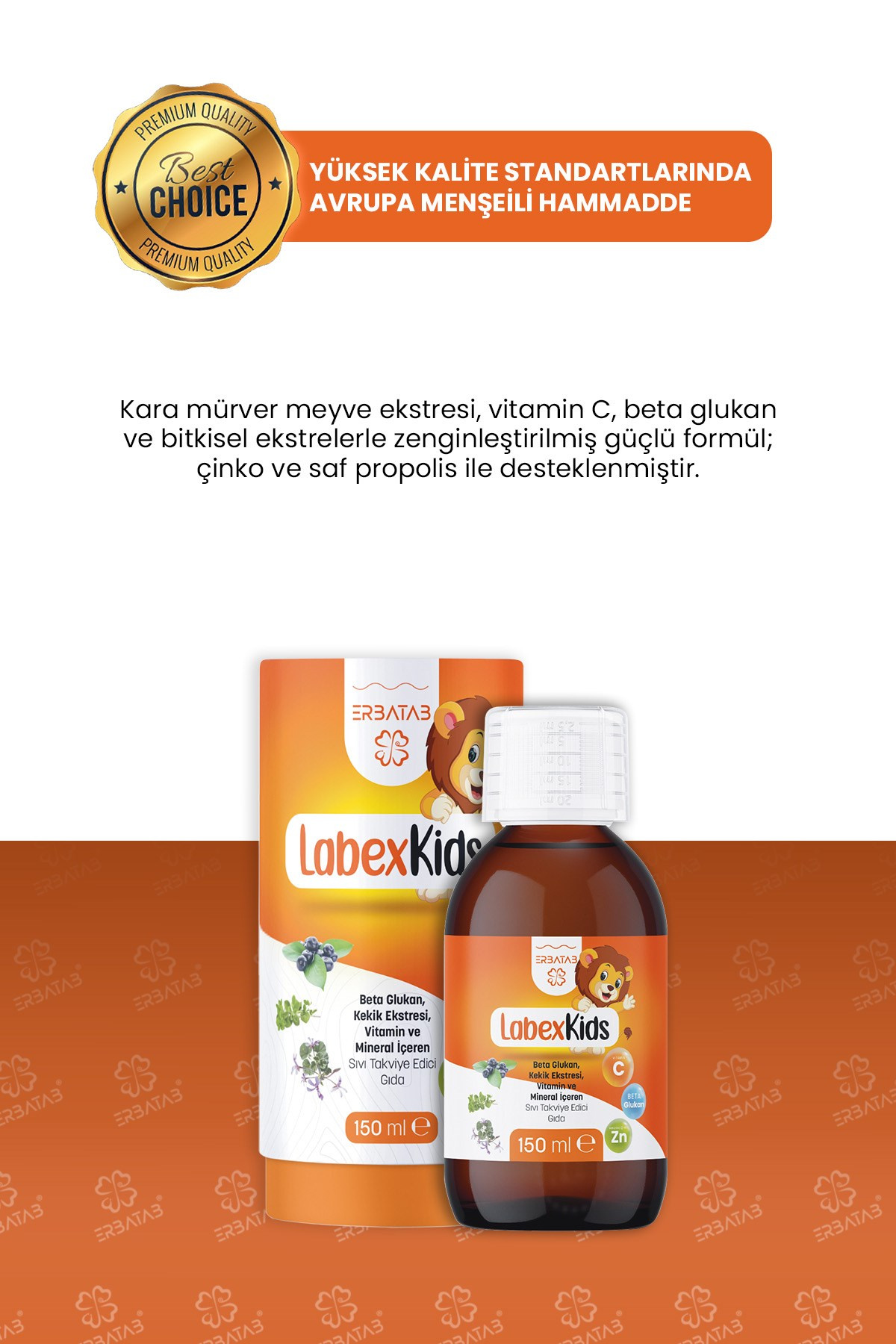Erbatab Labex Kids Çinko Kekik Beta Glukan Karamür ver Çocuk Multivitamin Şurup 150 ML