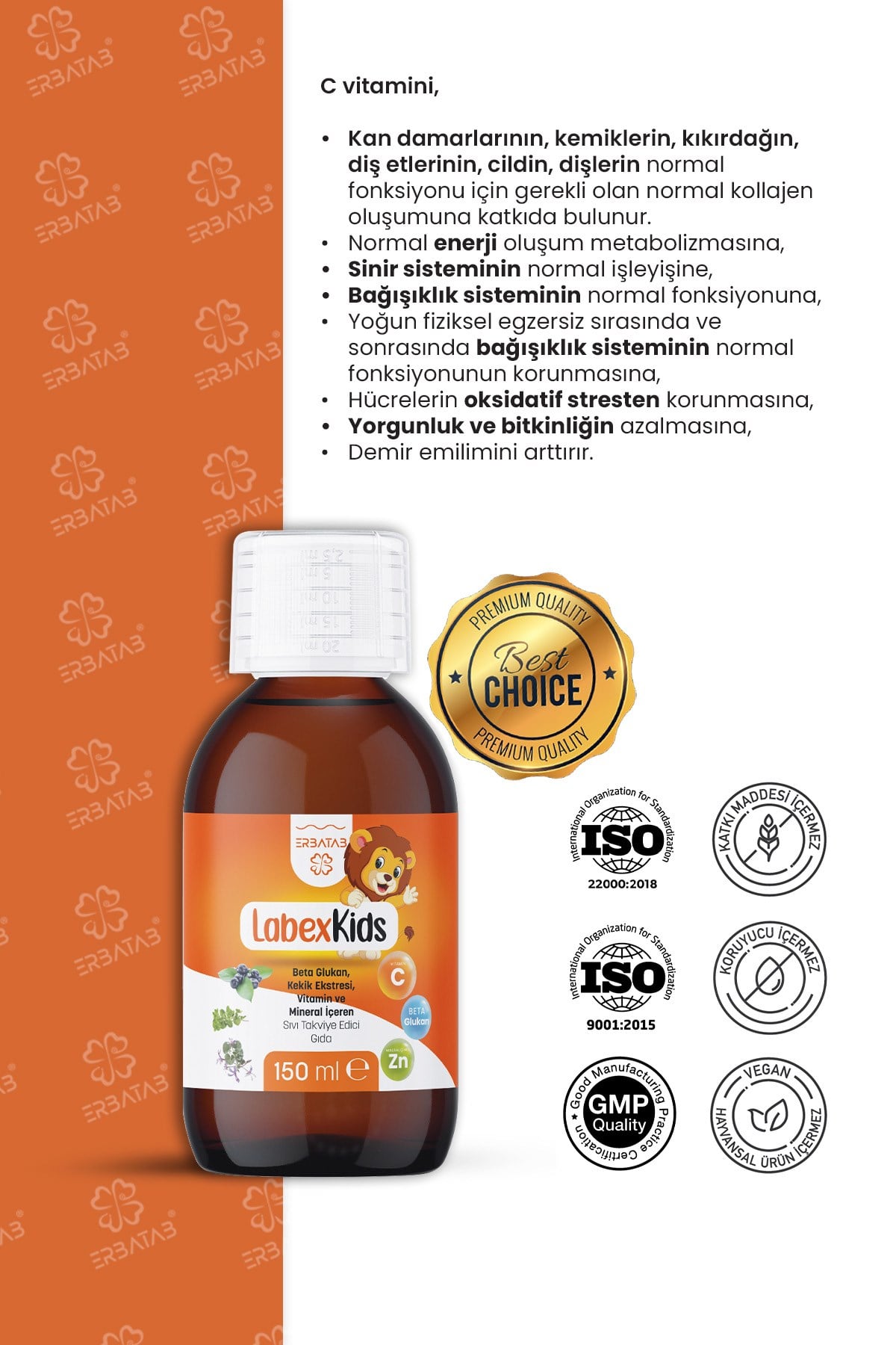Erbatab Labex Kids Çinko Kekik Beta Glukan Karamür ver Çocuk Multivitamin Şurup 150 ML