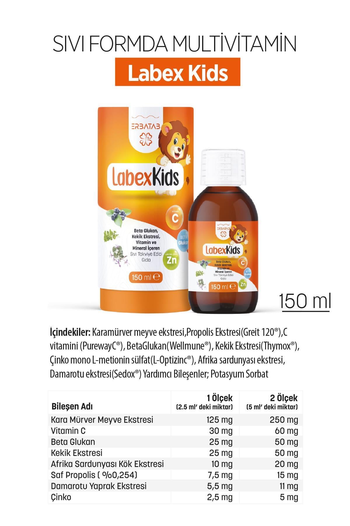 Erbatab Labex Kids Çinko Kekik Beta Glukan Karamürver Çocuk Multivitamin Şurup 150 ML