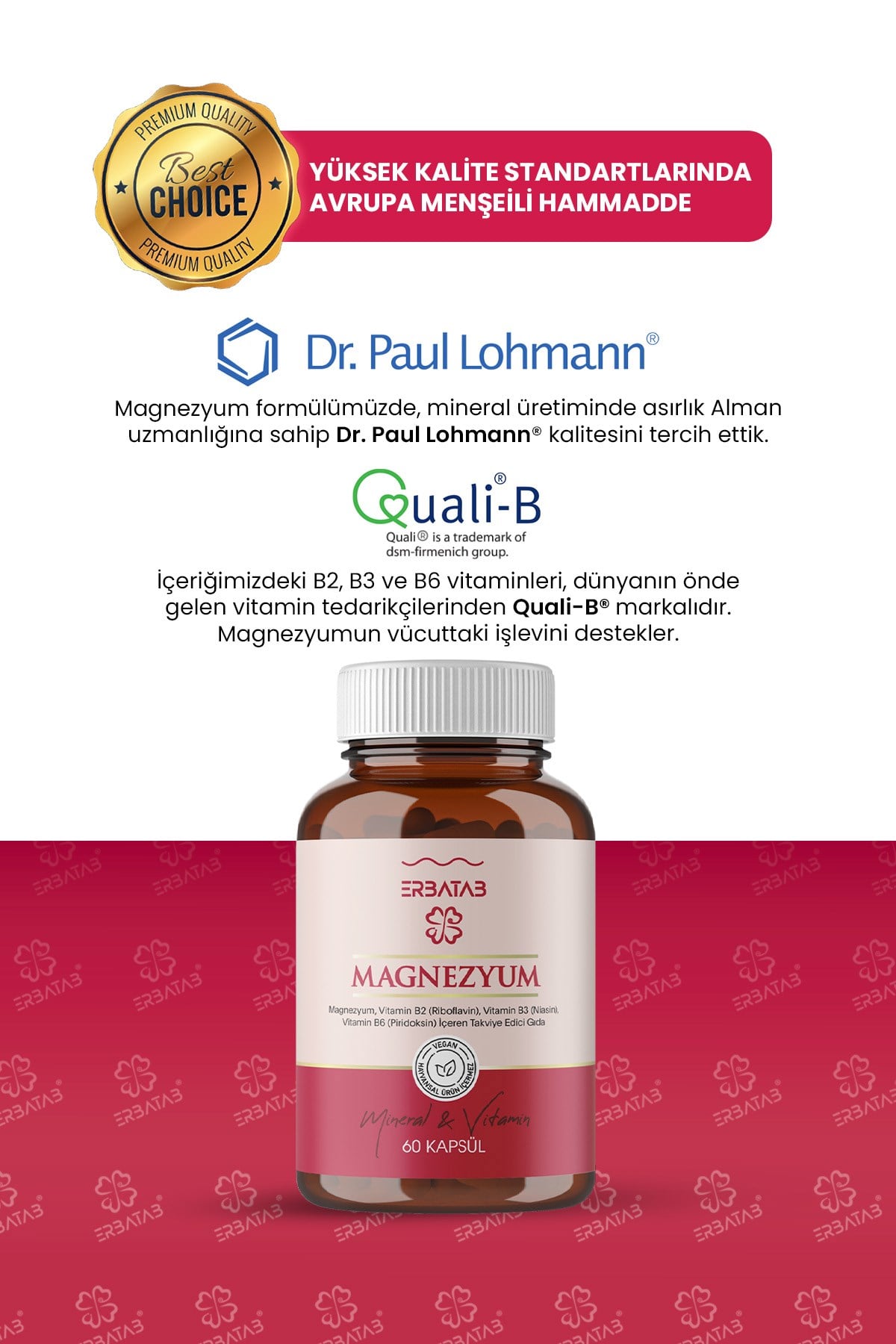 Erbatab Magnezyum 3 lü Form (Bisglisinat, Sitrat,  Malat) & Vitamin B2 , B3 , B6 - 60 Kapsül