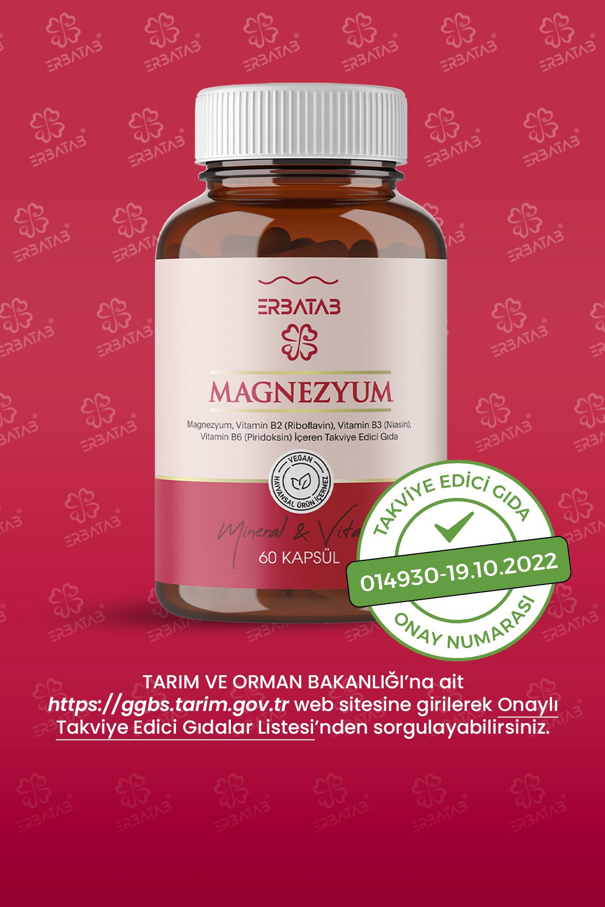 Erbatab Magnezyum 3 lü Form (Bisglisinat, Sitrat,  Malat) & Vitamin B2 , B3 , B6 - 60 Kapsül