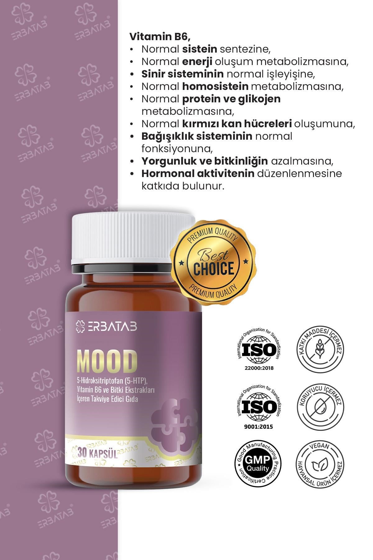 Erbatab Mood 5-HTP 30 Kapsül Passiflora, Valerian ve Melisa Ekstraktları İçeren Takviye Edici Gıda